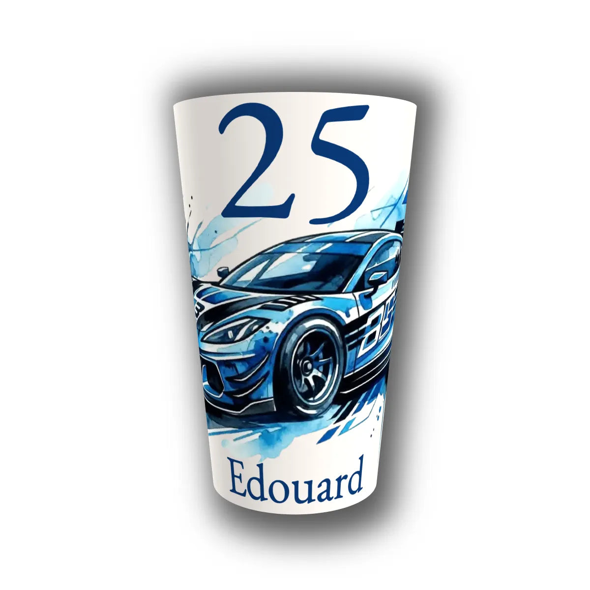 Gobelet anniversaire personnalisé voiture de course GT bleue aquarelle – 25 ans Paul