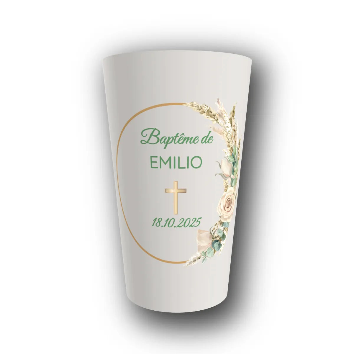 Gobelet réutilisable personnalisé baptême, croix bohème et pampa, rendu 3D
