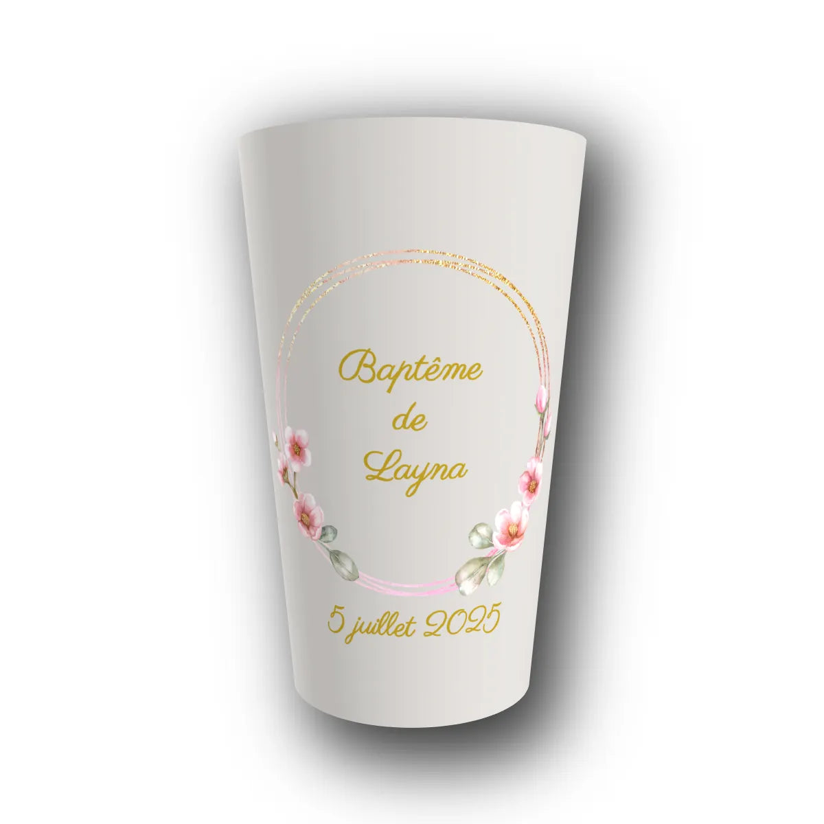 Gobelet réutilisable personnalisé baptême, cerisier doré en fleurs, rendu 3D