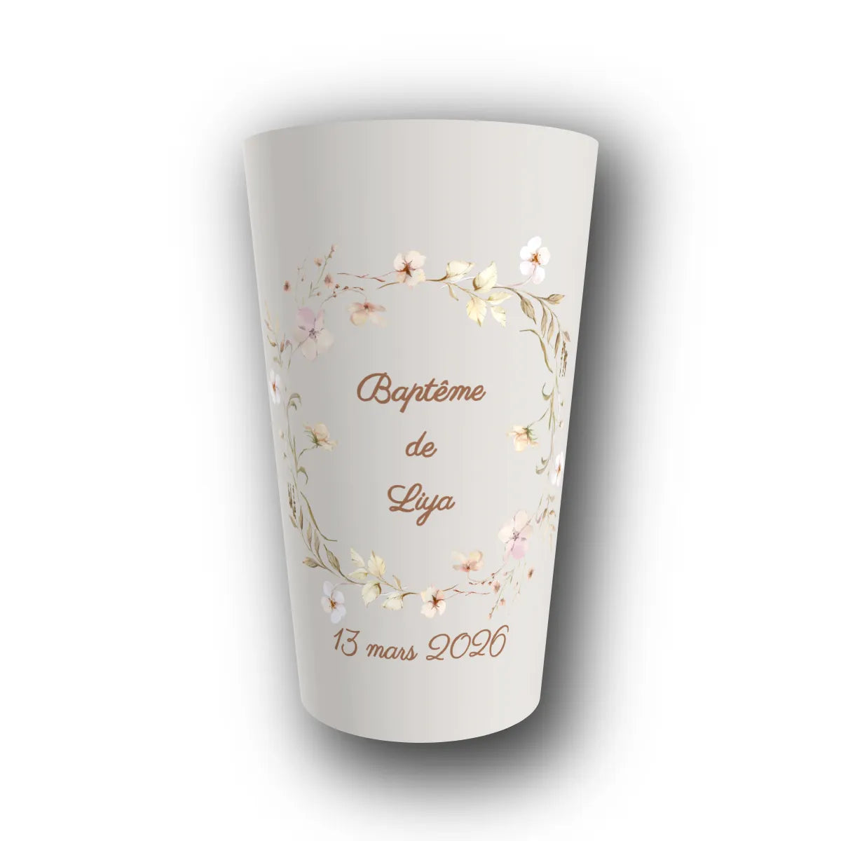 Gobelet réutilisable personnalisé baptême, couronne champêtre aquarelle, rendu 3D