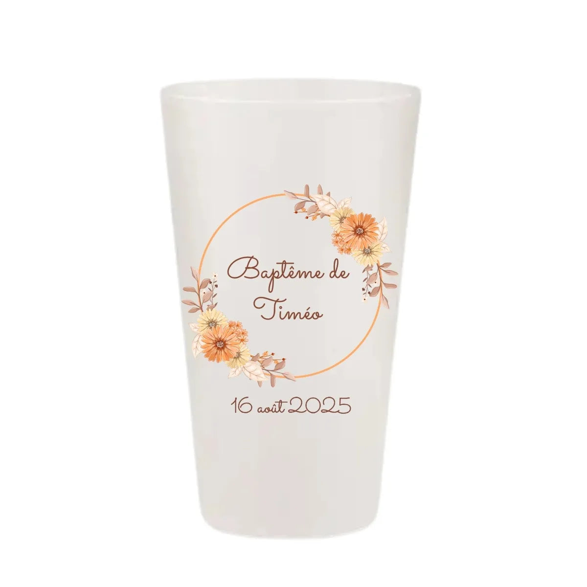 Gobelet de baptême personnalisé avec un cercle orangé et des fleurs de couleur terracotta et abricot.