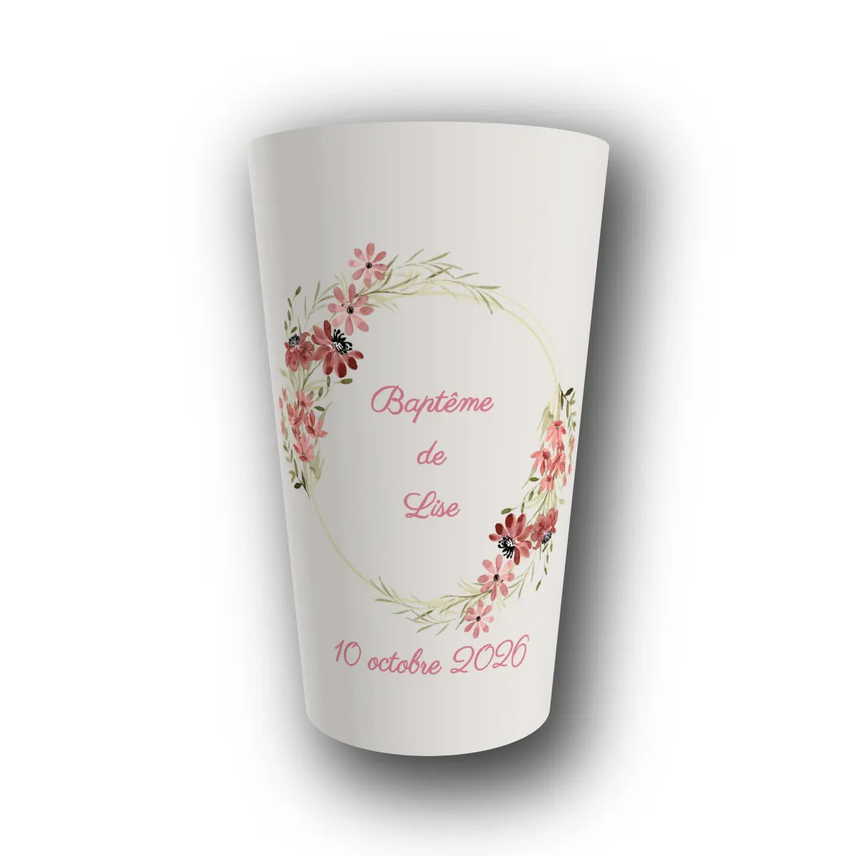 Gobelet réutilisable personnalisé baptême, couronne de fleurs séchées, rendu 3D