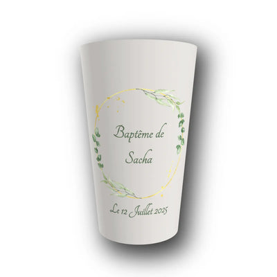 Gobelet réutilisable personnalisé baptême, eucalyptus doré, rendu 3D