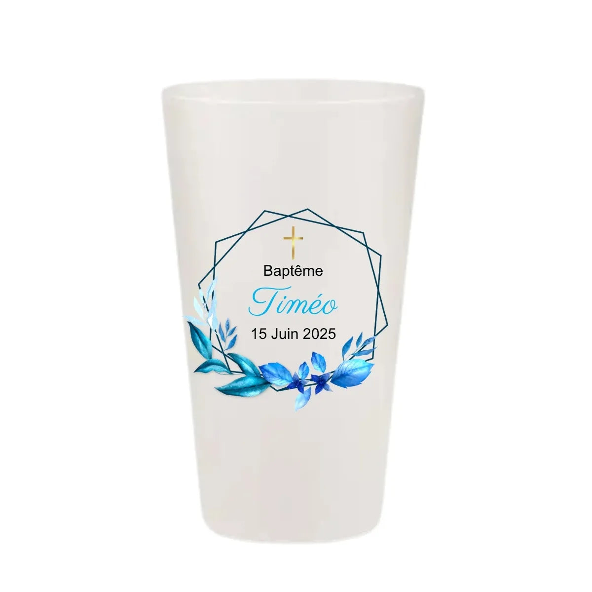 Gobelet baptême KUZTOM avec hexagone doré et feuillage bleu azur.