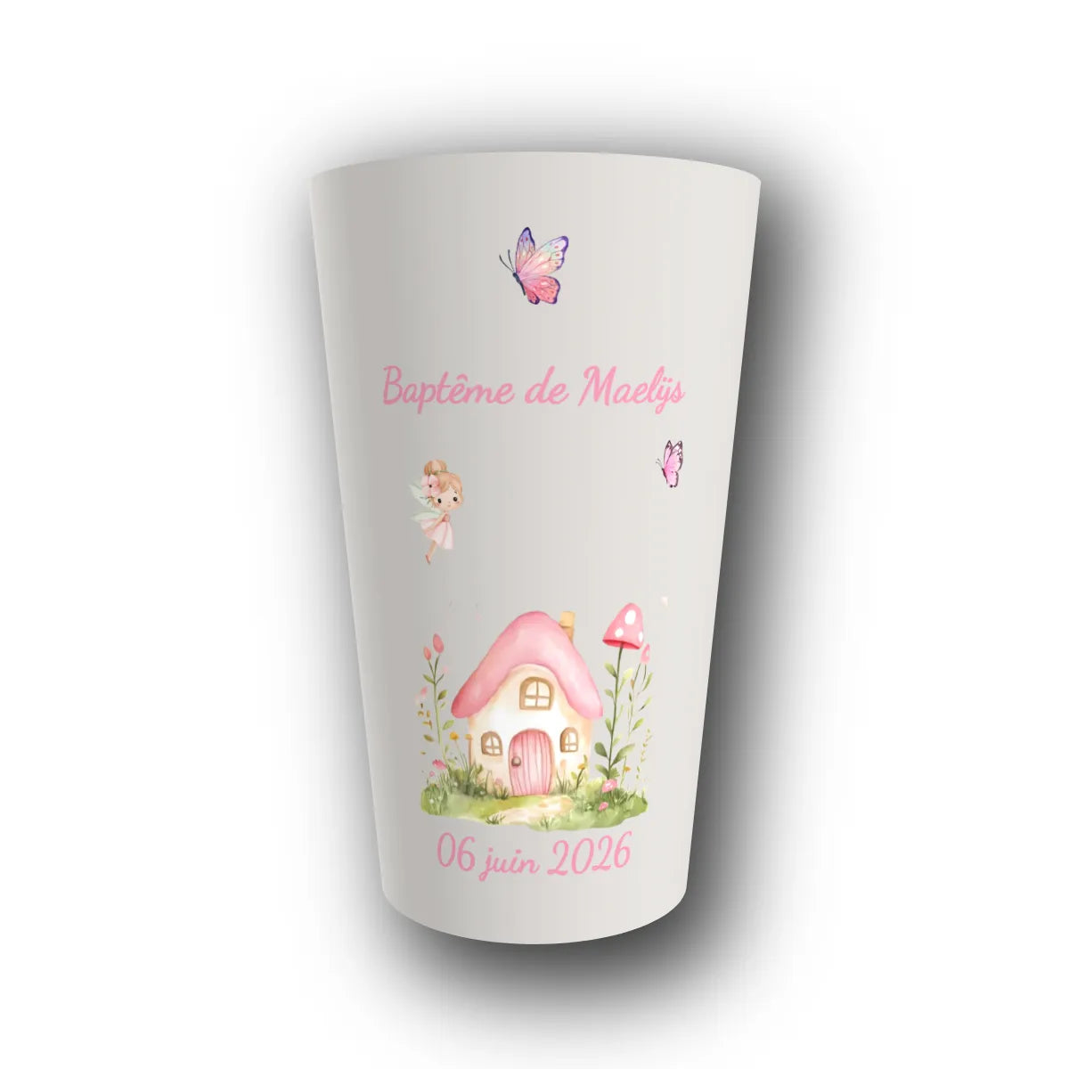 Gobelet réutilisable personnalisé baptême, la maison de féerie, rendu 3D