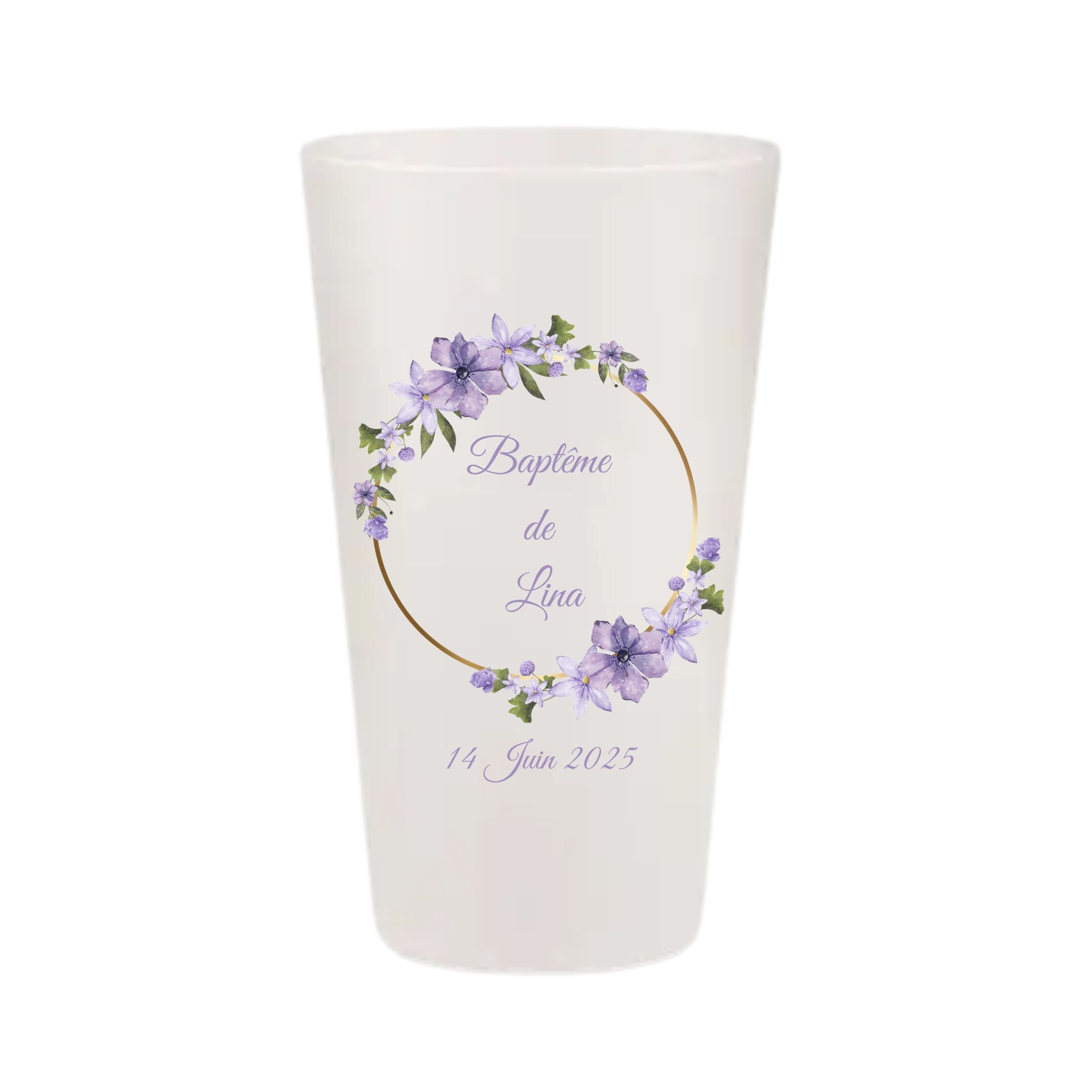 Gobelet de baptême personnalisé pour Lina avec un cercle doré et des fleurs violettes.