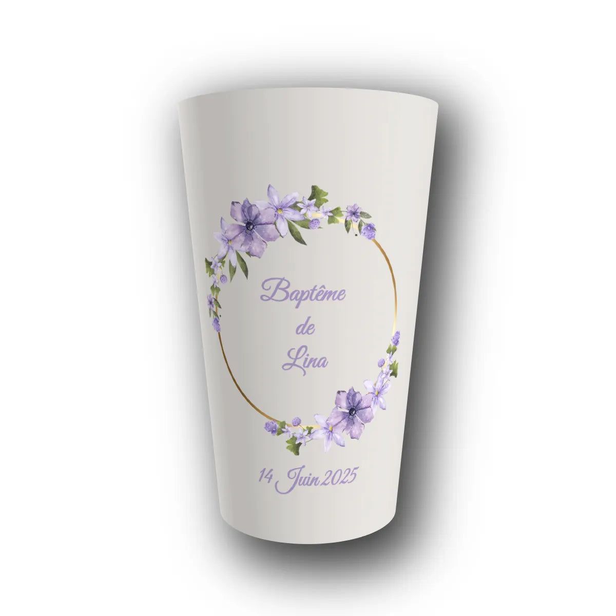 Gobelet réutilisable personnalisé baptême, lilas enchanté, rendu 3D