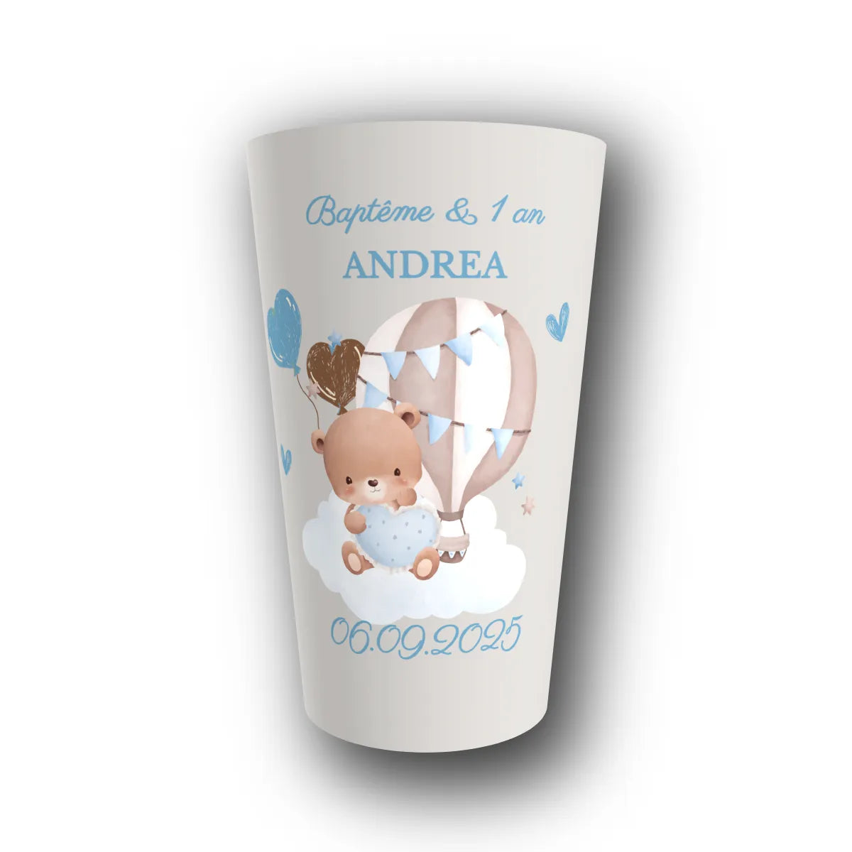 Gobelet réutilisable personnalisé baptême, ourson cœur bleu, rendu 3D