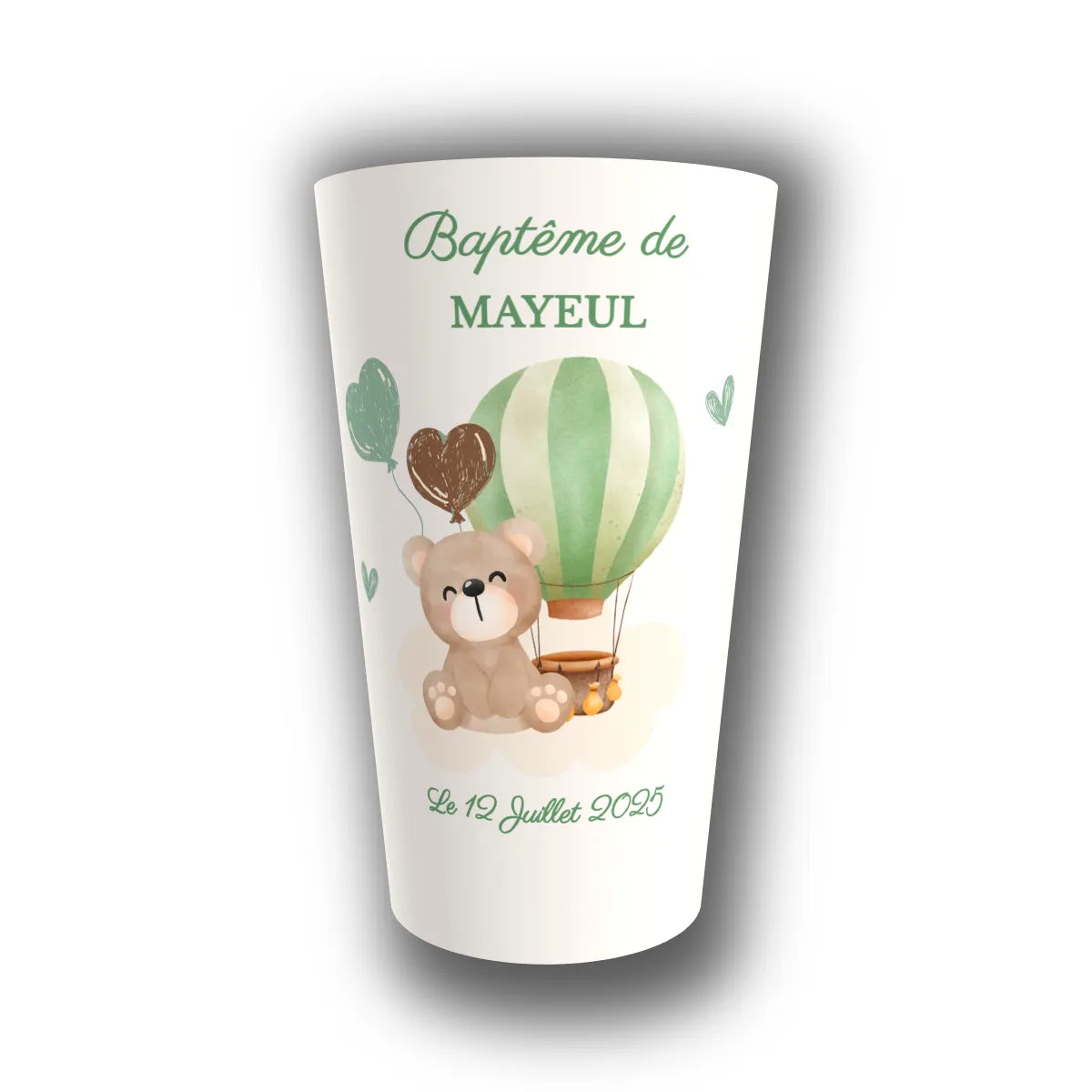 Gobelet baptême personnalisé Ourson Montgolfière Vert & Marron — réutilisable, Kuztom