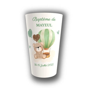 Gobelet Baptême Personnalisé – Ourson Montgolfière Vert & Marron