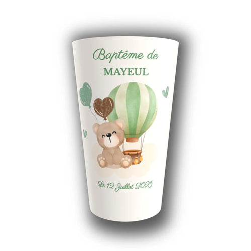 Gobelet baptême personnalisé Ourson Montgolfière Vert & Marron — réutilisable, Kuztom
