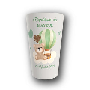 Gobelet Baptême Personnalisé – Ourson Montgolfière Vert & Marron