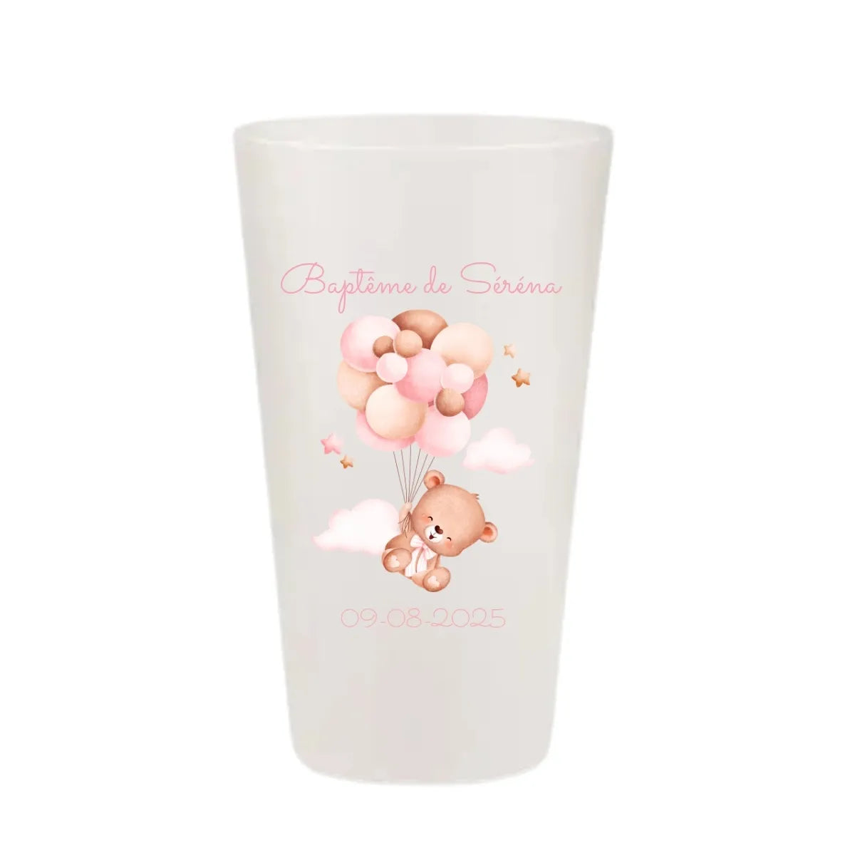 Gobelet de baptême personnalisé KUZTOM avec illustration d'un ourson volant avec des ballons roses et beiges.
