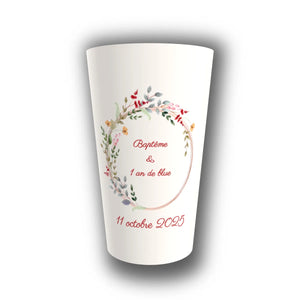 Gobelet Baptême Personnalisé – Couronne Fleurie Pastel