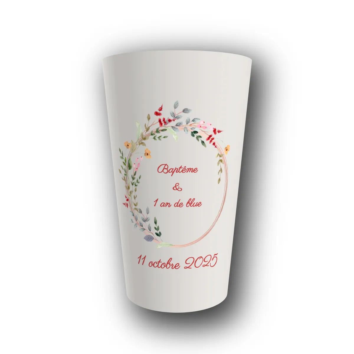 Gobelet réutilisable personnalisé baptême, couronne fleurie pastel, rendu 3D