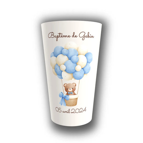 Gobelet baptême personnalisé Petit Ours Montgolfière — réutilisable, Kuztom