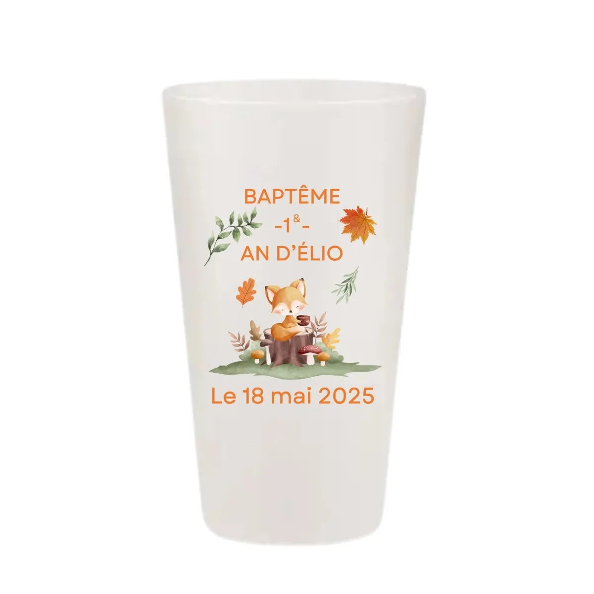 Gobelet de baptême personnalisé KUZTOM avec un renard aquarelle et des feuilles d'automne.