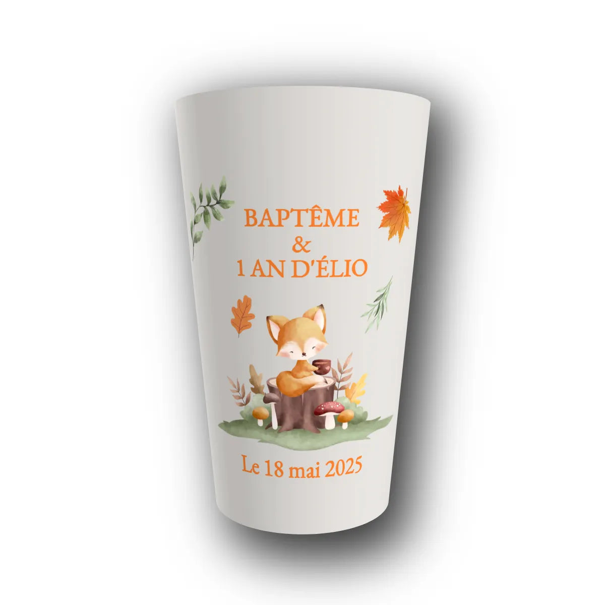 Gobelet réutilisable personnalisé baptême, petit renard d'automne, rendu 3D