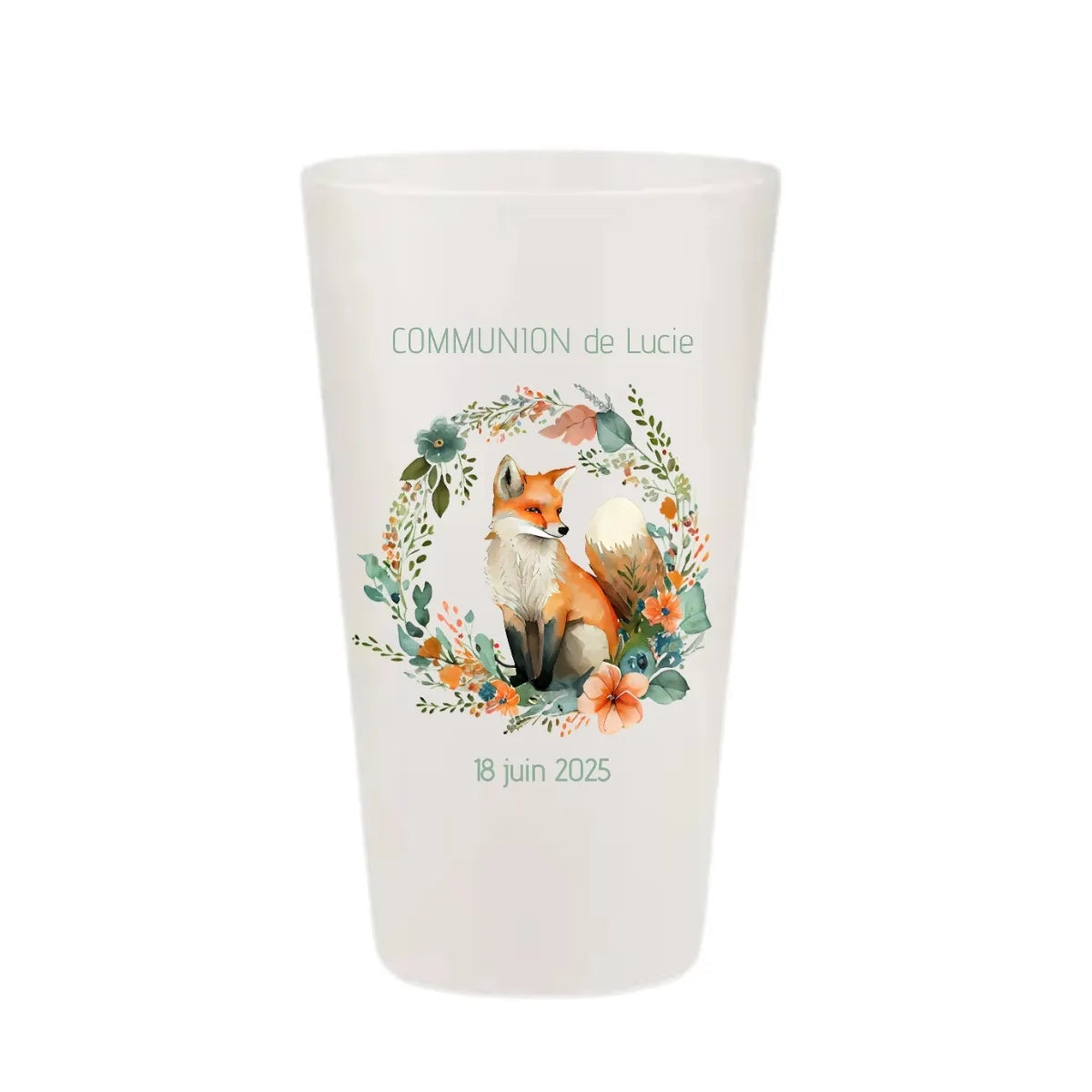 Gobelet de baptême personnalisé KUZTOM avec illustration de renard et couronne de fleurs multicolores.