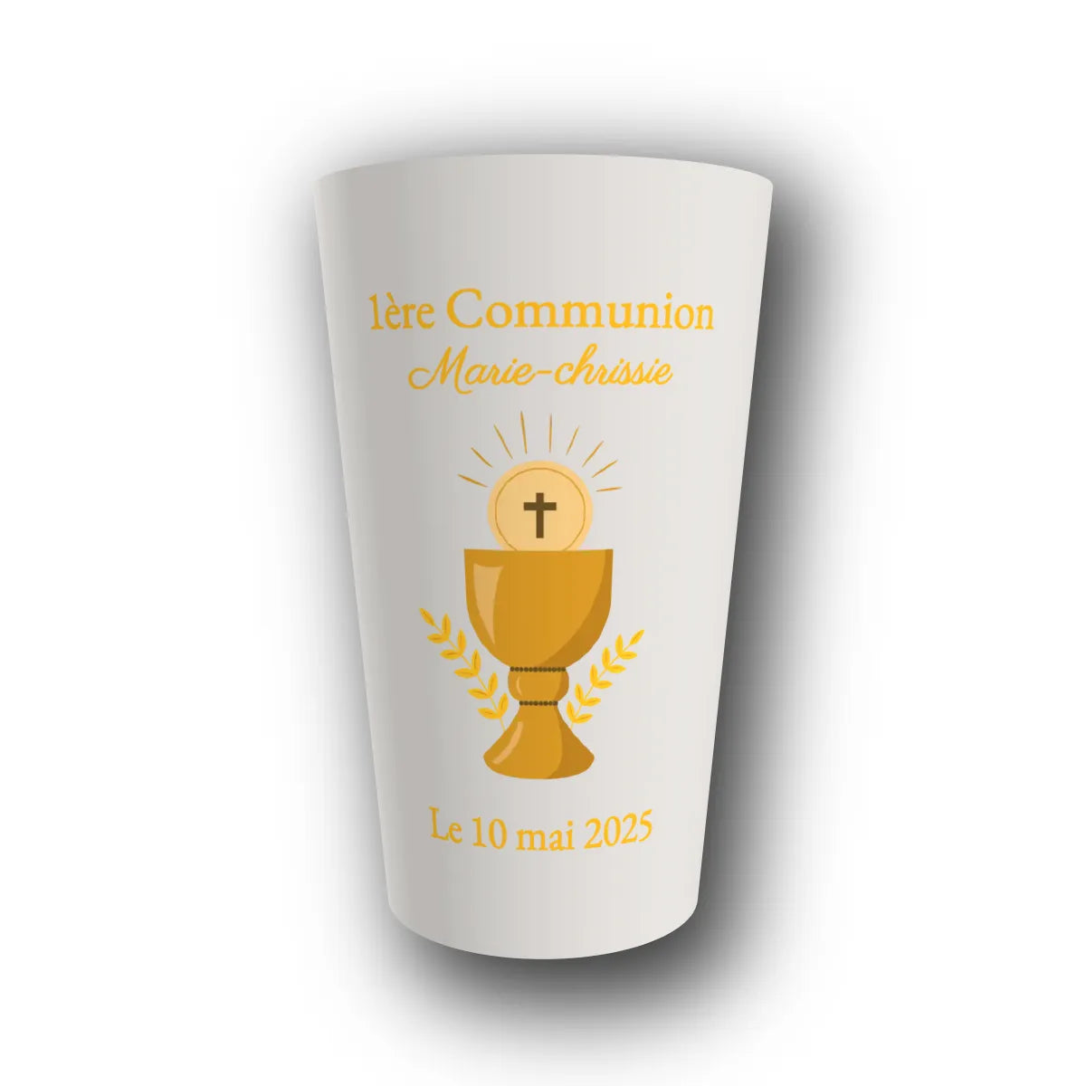 Gobelet réutilisable personnalisé communion, calice doré, rendu 3D