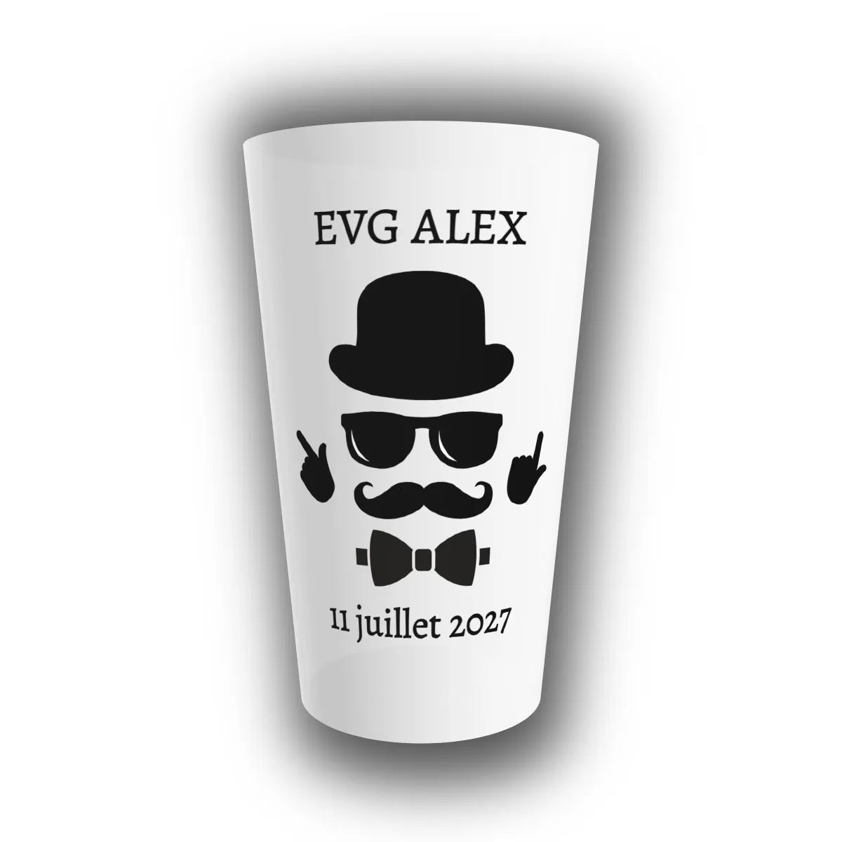 Gobelet réutilisable translucide personnalisé pour EVG, avec un gentleman moustachu, chapeau melon et nœud papillon, prénom et date imprimés
