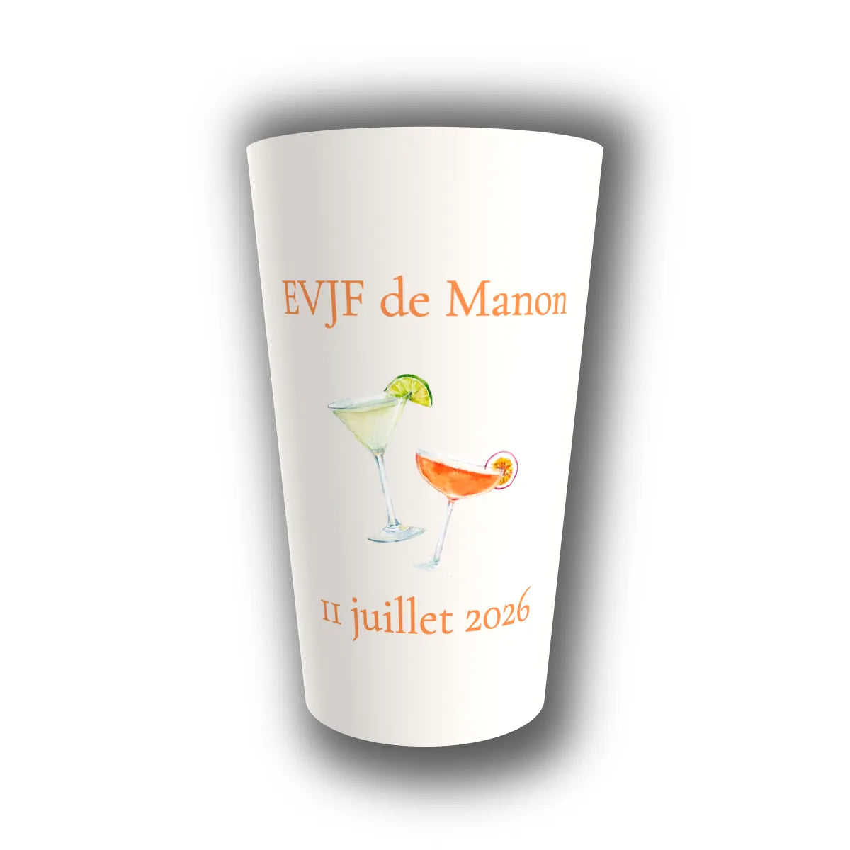 Gobelet réutilisable personnalisé KUZTOM pour EVJF, duo de cocktails et prénom de la future mariée