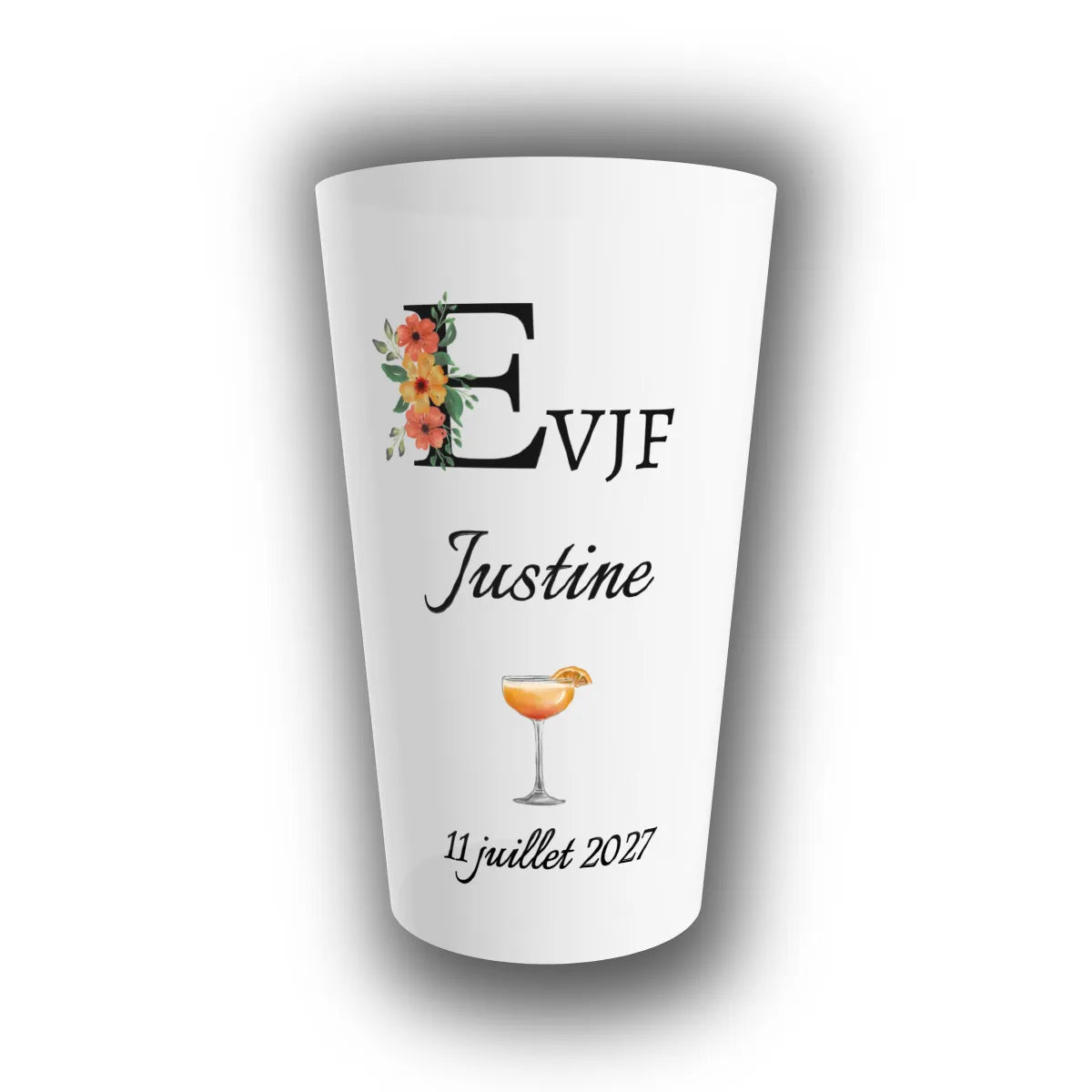 Gobelet réutilisable personnalisé EVJF en plastique translucide, monogramme floral, prénom de la future mariée, cocktail et date imprimés