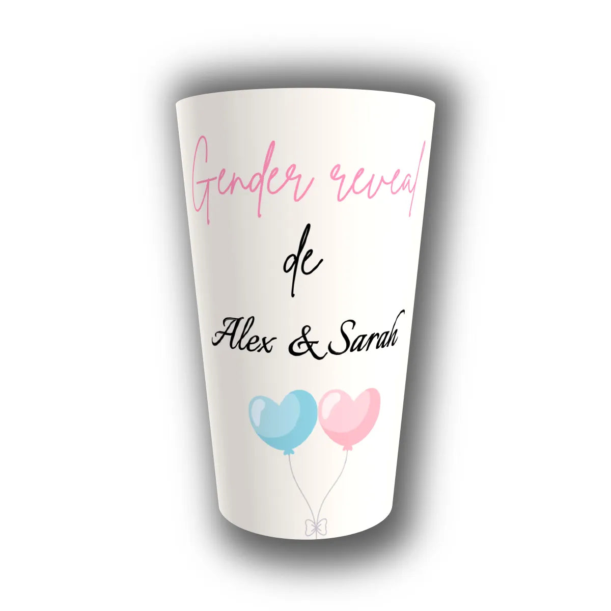Gobelet gender reveal personnalisé ballons cœur bleu et rose — réutilisable, Kuztom