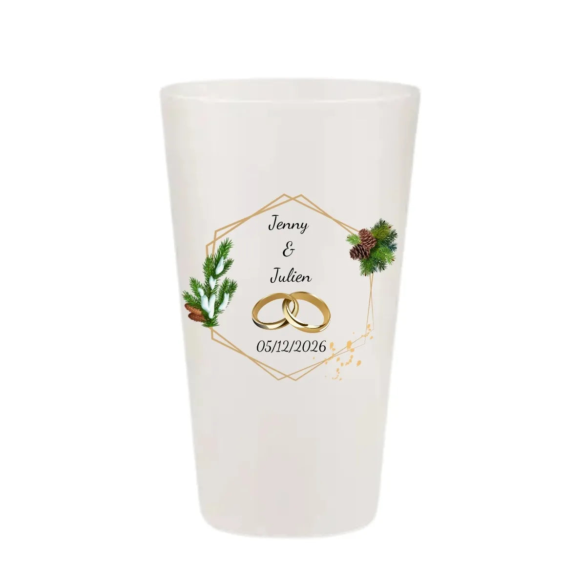 Gobelet réutilisable personnalisé pour mariage d'hiver, illustration alliances dorées, branches de sapin et pommes de pin, fabriqué en France.