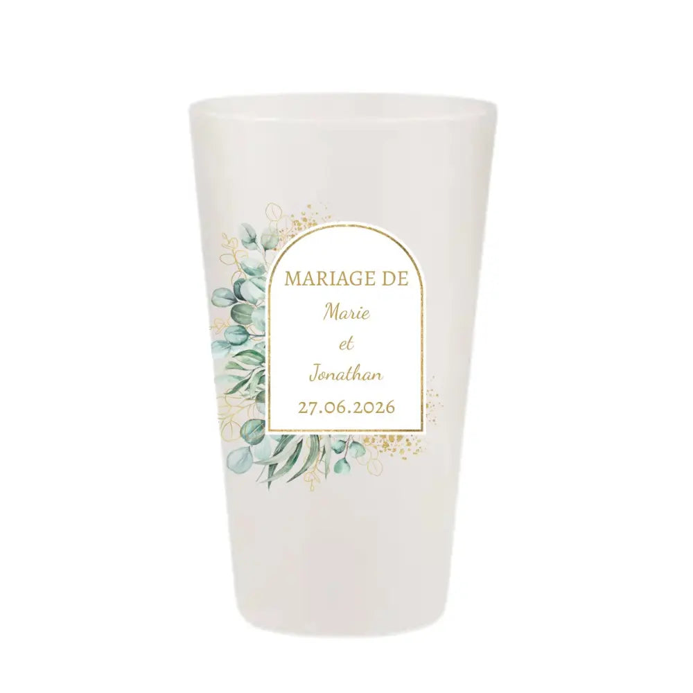 Gobelet réutilisable personnalisé pour mariage, illustration arche dorée avec feuilles d'eucalyptus et poussière d'or, fabriqué en France.