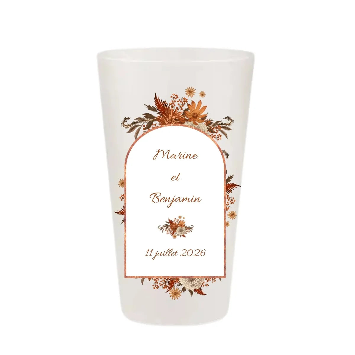 Gobelet réutilisable personnalisé pour mariage, illustration d'arche avec fleurs séchées et feuillages terracotta, fabriqué en France.