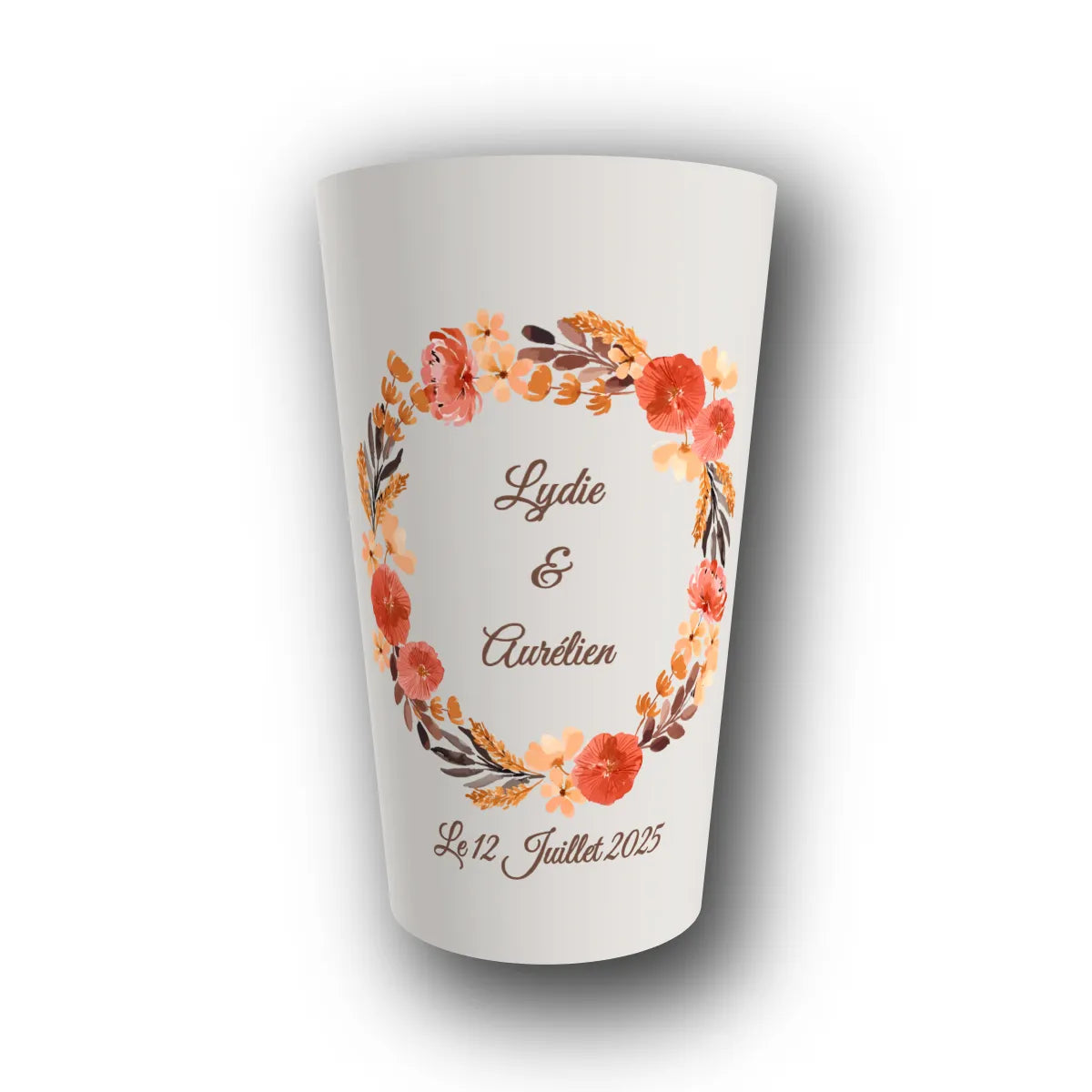 Gobelet réutilisable personnalisé mariage, automne champêtre, rendu 3D