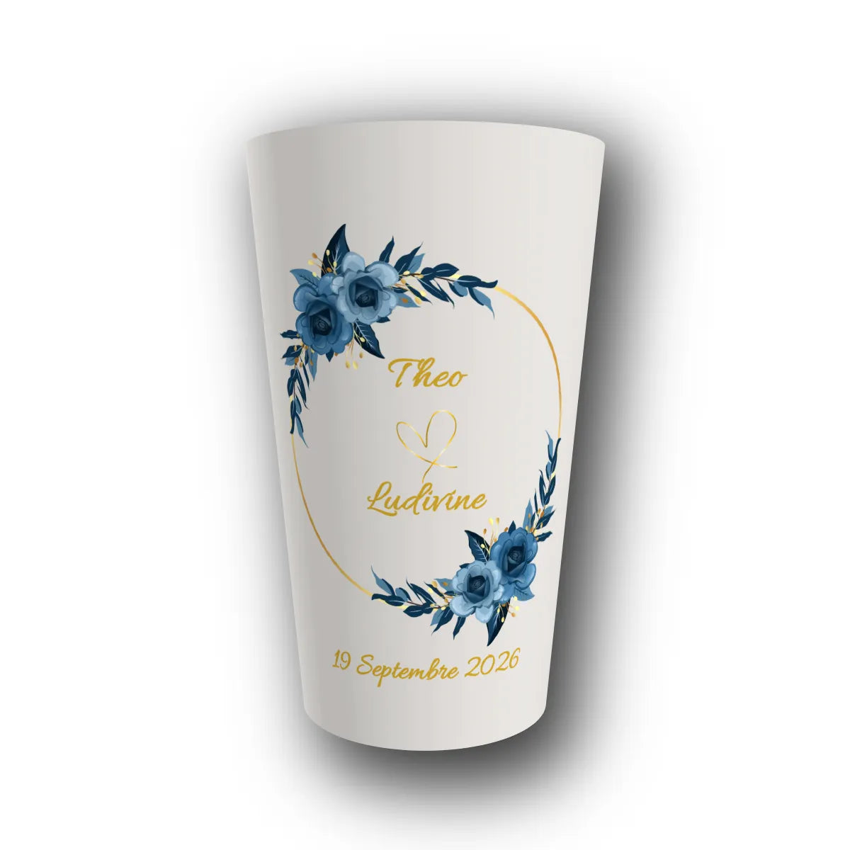 Gobelet réutilisable personnalisé mariage, bleu royal et or, rendu 3D