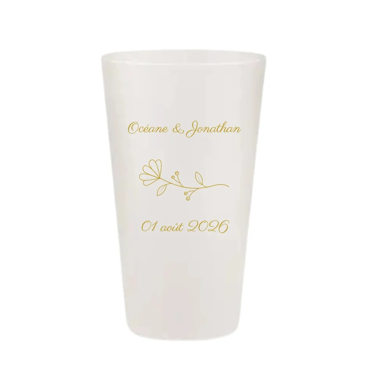 Gobelet de mariage personnalisé avec une illustration de branche fleurie stylisée de couleur dorée.