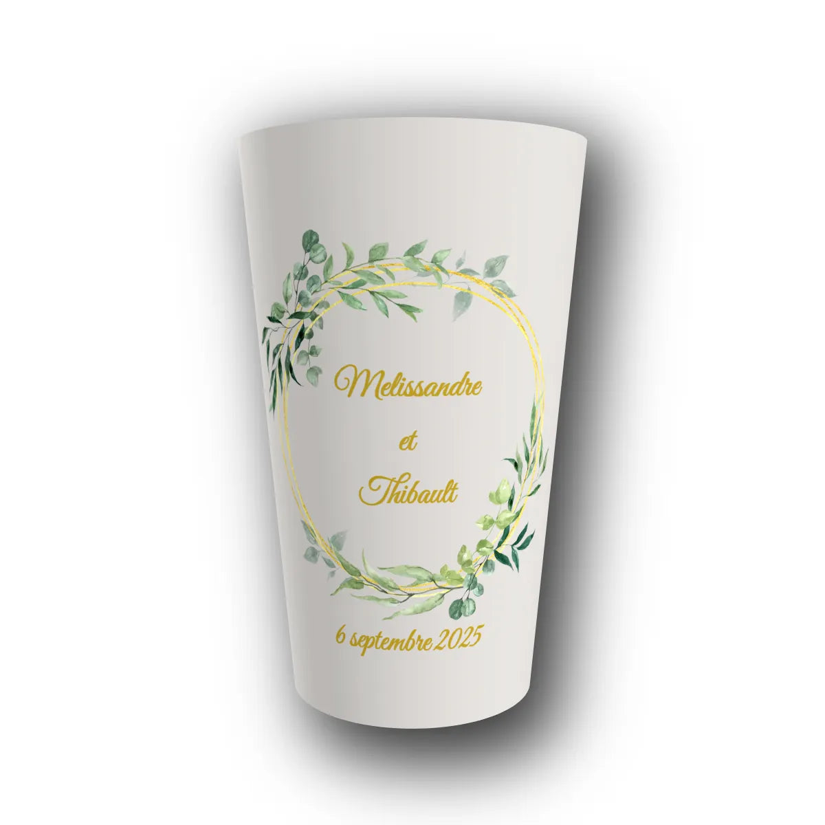 Gobelet réutilisable personnalisé mariage, cercle eucalyptus, rendu 3D