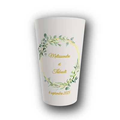 Gobelet réutilisable personnalisé mariage, cercle eucalyptus, rendu 3D