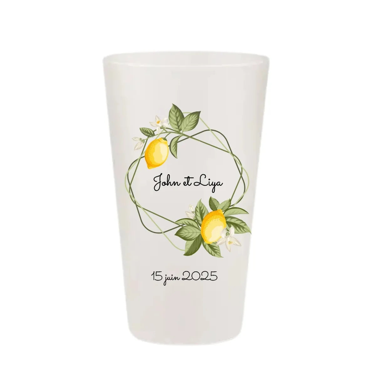 Gobelet de mariage personnalisé avec un cadre géométrique décoré de citrons jaunes et de fleurs blanches.