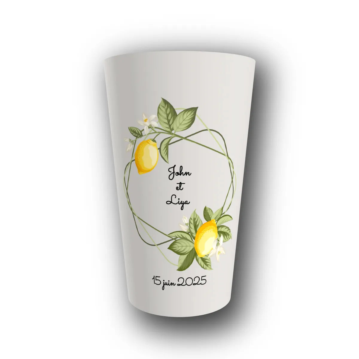 Gobelet réutilisable personnalisé mariage, citronnade chic aux agrumes, rendu 3D