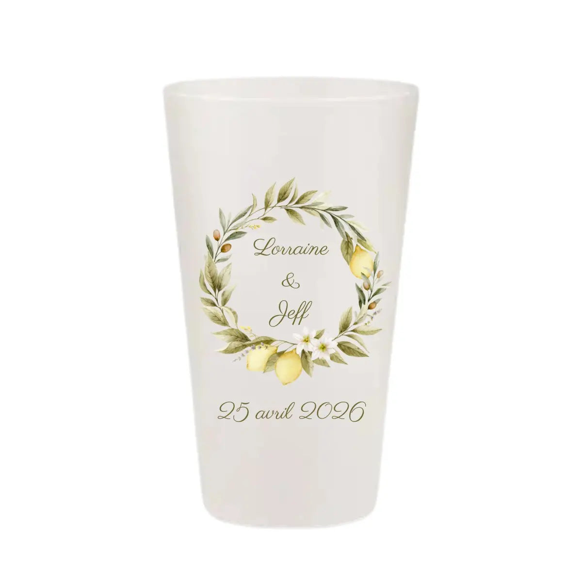 Gobelet réutilisable personnalisé pour mariage, illustration aquarelle de citronnier et fleurs, fabriqué en France.