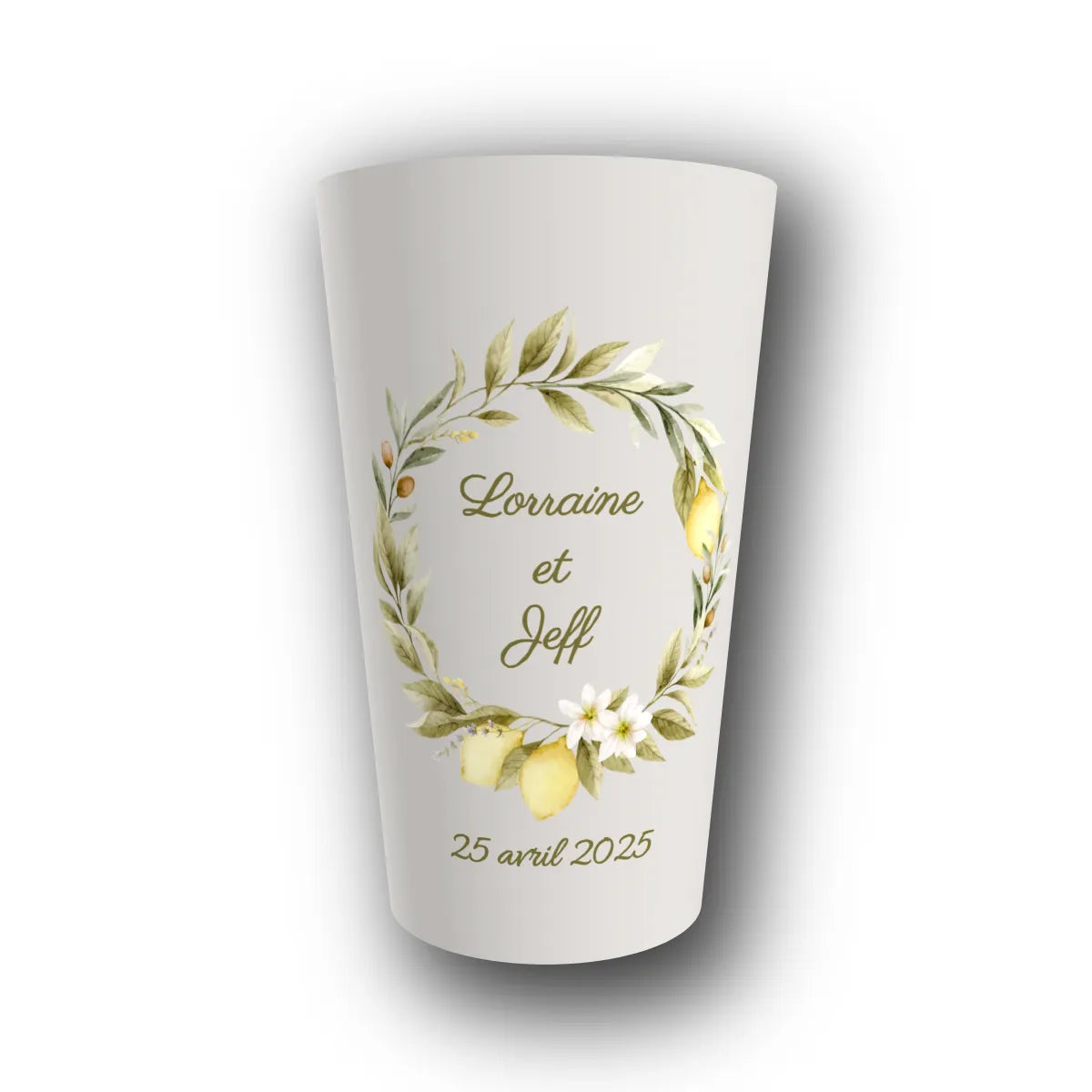 Gobelet réutilisable personnalisé mariage, citronnier Riviera, rendu 3D