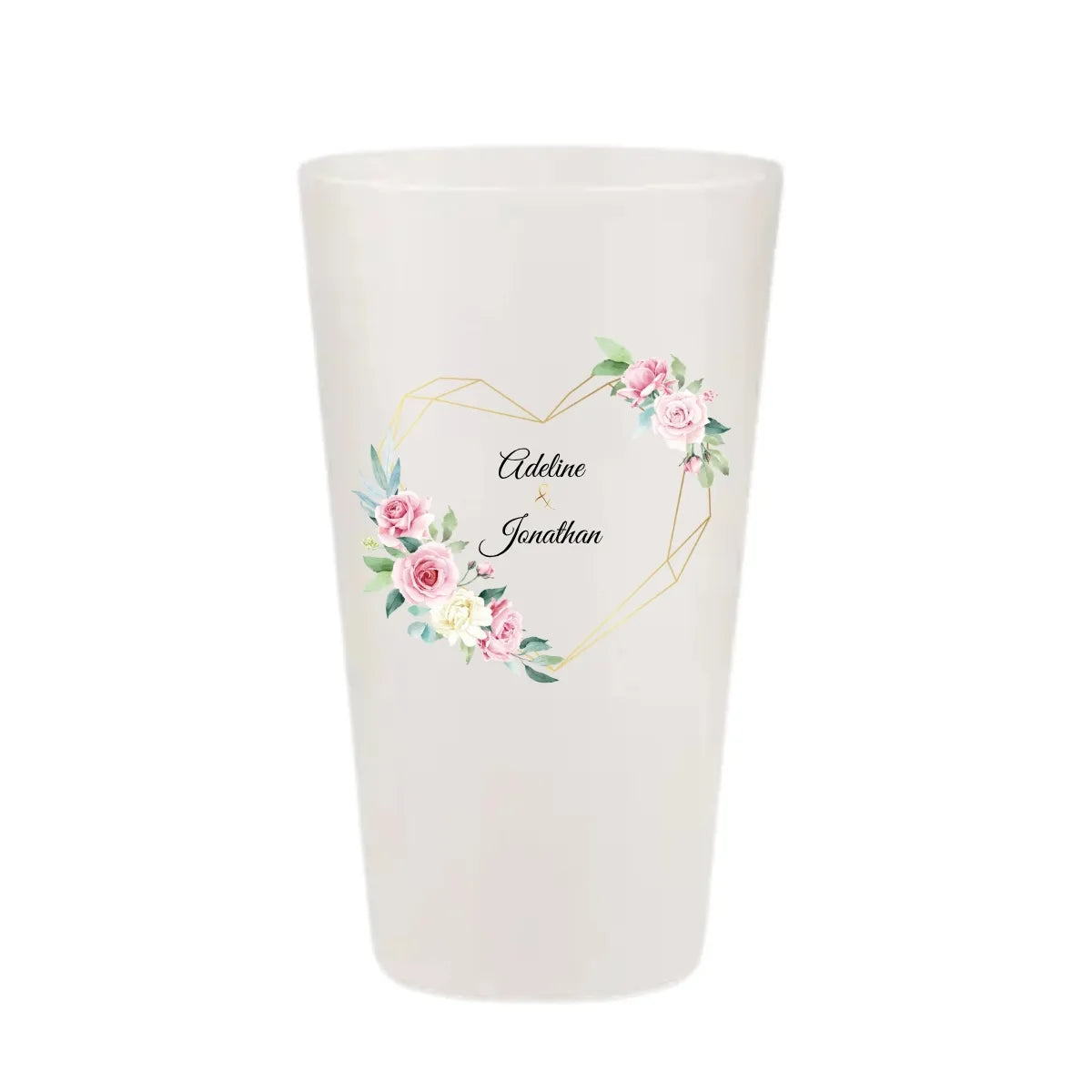 Gobelet réutilisable personnalisé pour mariage, illustration de cœur doré géométrique et roses roses, fabriqué en France.