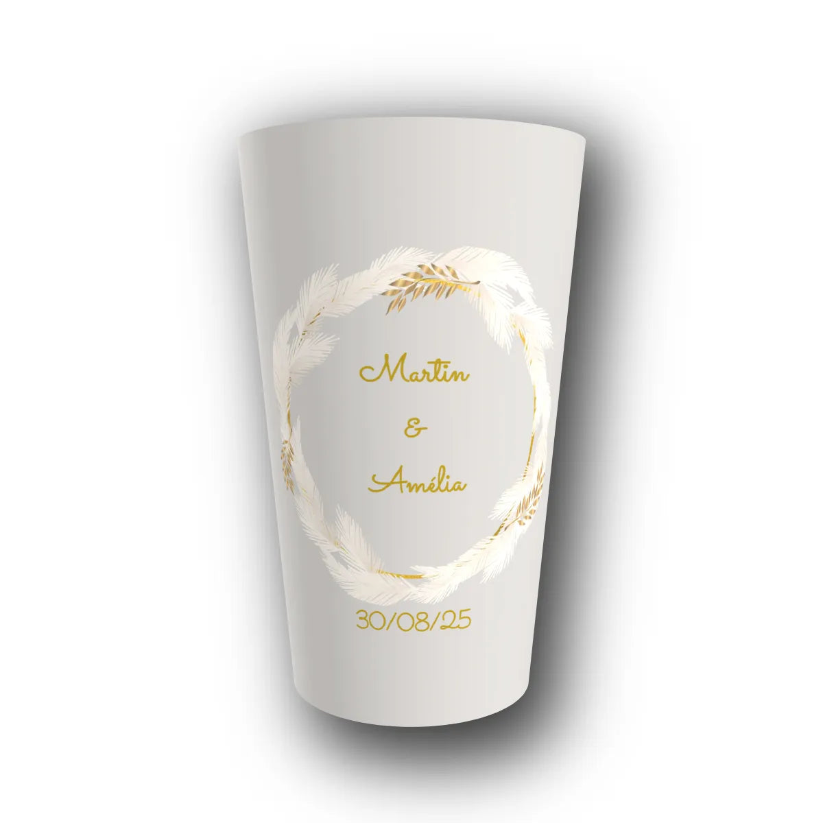 Gobelet réutilisable personnalisé mariage, couronne de plumes et or, rendu 3D