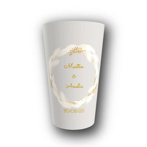 Gobelet Mariage Personnalisé – Couronne de Plumes & Or
