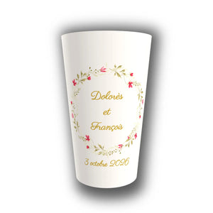 Gobelet Mariage Personnalisé – Couronne d'Or & Fleurs Champêtres