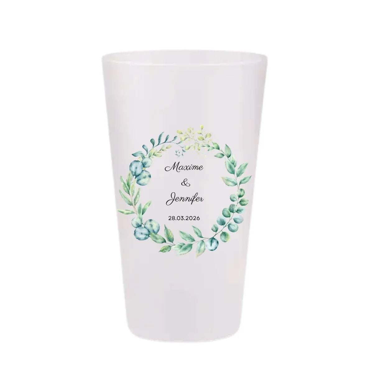 Gobelet de mariage personnalisé avec une couronne de feuilles d'eucalyptus vertes et bleutées en aquarelle.