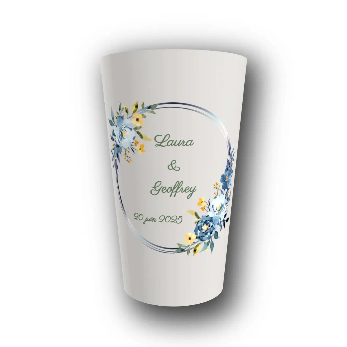 Gobelet réutilisable personnalisé mariage, couronne florale azur, rendu 3D