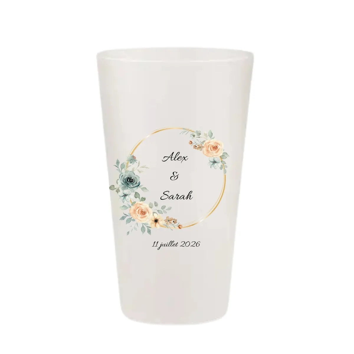 Gobelet réutilisable personnalisé pour mariage, illustration couronne circulaire dorée avec fleurs pêche et bleu gris, fabriqué en France.