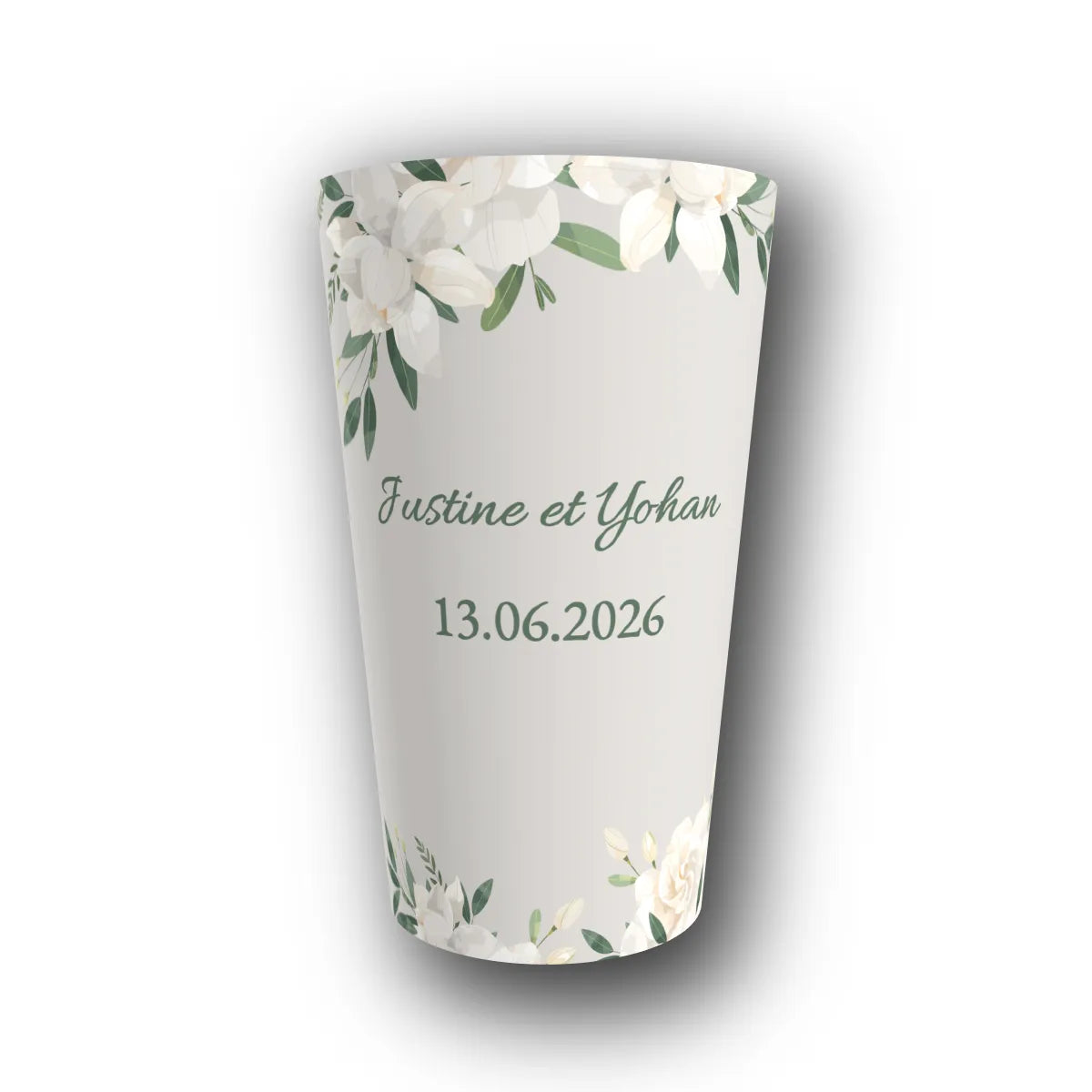 Gobelet réutilisable personnalisé mariage, duo végétal, rendu 3D