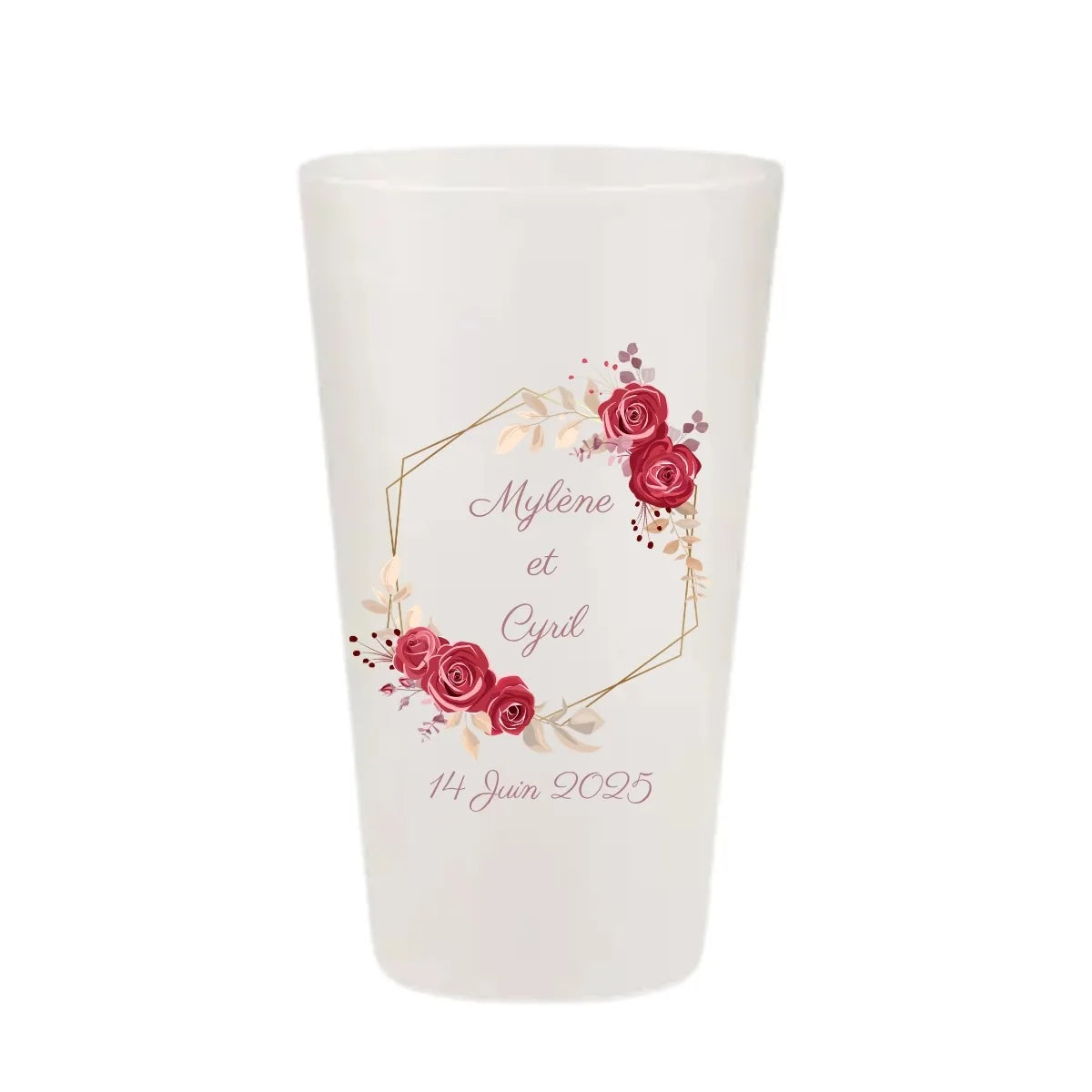 Gobelet mariage KUZTOM avec hexagone doré et bouquet de roses rouges.