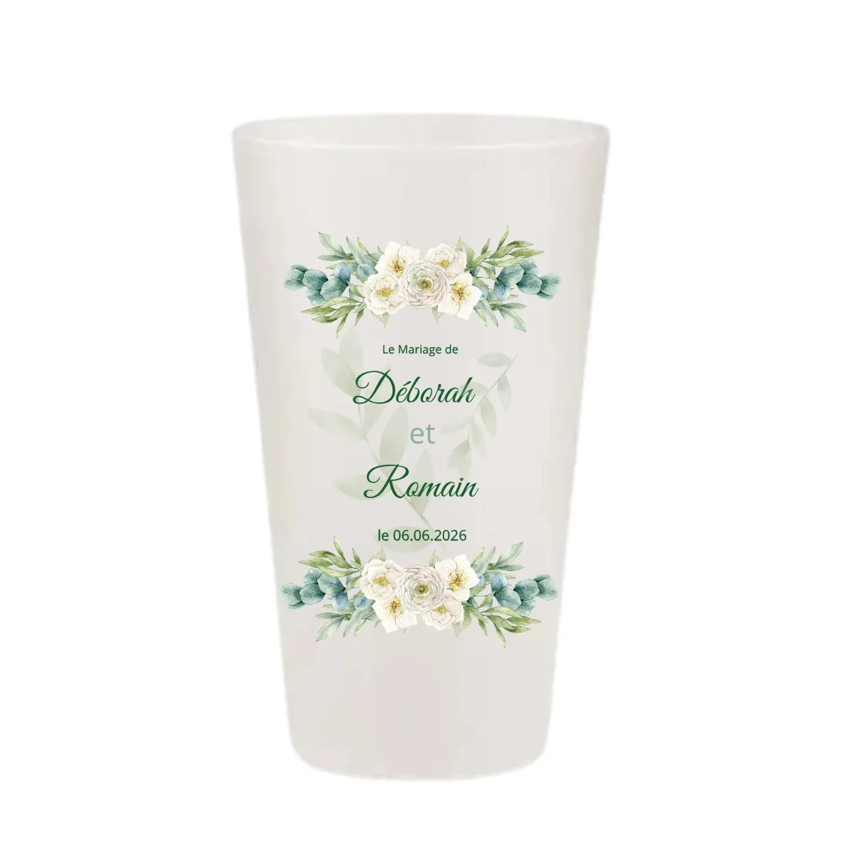 Gobelet mariage personnalisé avec motifs horizontaux d'eucalyptus et fleurs blanches.